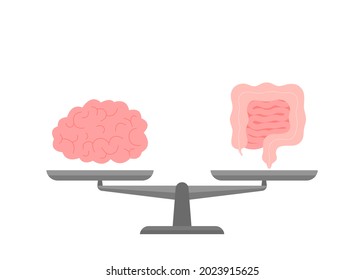 Connection And Equality Health Of Brain And Intestine Gut On Scale. Relation Health Of Human Brain And Gut, Second Brain. Unity On Libra Of Mental And Digestive. Vector Flat Cartoon Illustration