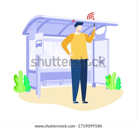 Connection Error Illustration as Searching for Internet in Bus Stop. This illustration can be use for website, landing page, web, app, and banner.