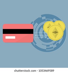 Connection of ethereum to the card of payments. vector illustration, flat