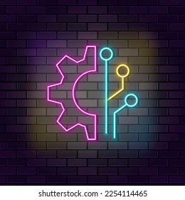 Connection, gear, internet neon vector icon on dark wall background. Neon Connection, gear, internet vector icon