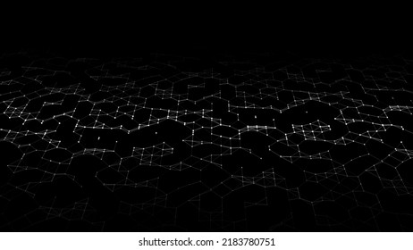 Connection to the global network. Abstract vector dots and lines on a black background. The concept of big data, digital technology, science and information technology development.