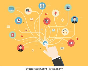 Connection Hand With Icons Social Media Or Social Network. Concept Communication And Integrated In Internet, Marketing And Internet Business. Flat Design Vector Illustration.