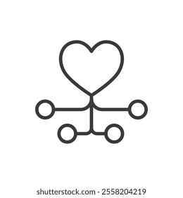 Connection to heart, icon in line design. Connection, heart, bond, love, care, union, relationship on white background vector. Connection to heart editable stroke icon