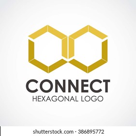 Connection hexagon of golden relation abstract vector and logo design or template ribbon link business icon of company identity symbol concept