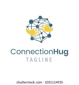 Connection hug logo template. Vector illustration of creative emblem with concept of friendship, teamwork, people community. Trendy design element.