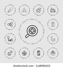 Connection icon. collection of 13 connection outline icons such as share, tv van, server, zoom in, house signal, call. editable connection icons for web and mobile.