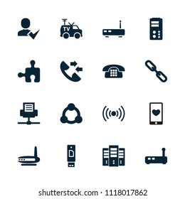 Connection icon. collection of 16 connection filled icons such as chain, tv van, server, usb drive, router, add user, call. editable connection icons for web and mobile.