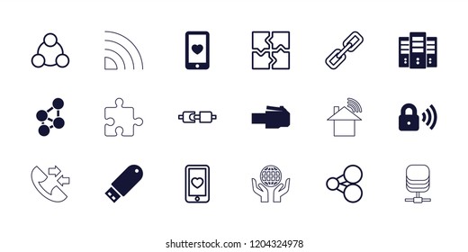 Connection icon. collection of 18 connection filled and outline icons such as heart mobile, phone cable, security lock, puzzle. editable connection icons for web and mobile.