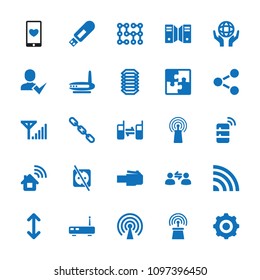 Connection icon. collection of 25 connection filled icons such as chain, holding globe, signal, connected phone, router. editable connection icons for web and mobile.