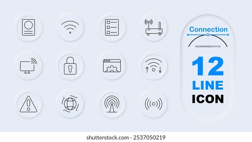 Connection icon. Passport, no Wi-Fi signal, checklist, router, monitor with Wi-Fi, lock symbol, settings on browser, upload download arrows, network warning triangle. Internet security, data transfer