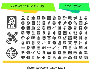 connection icon set. 120 filled connection icons.  Simple modern icons about  - Ssl, Network, Satellite, Webcam, Usb, Cloud, Smartphone, Mobile, Browser, Net, Socket, Server, Communication