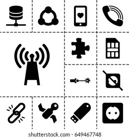 Connection icon. set of 13 filled connectionicons such as puzzle, heart mobile, call, flash drive, plug socket, sim card, connection, electric circuit, satellite, transmitter