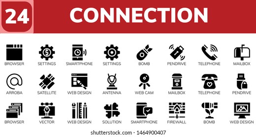 connection icon set. 24 filled connection icons.  Simple modern icons about  - Browser, Settings, Smartphone, Bomb, Pendrive, Telephone, Mailbox, Arroba, Satellite, Web design