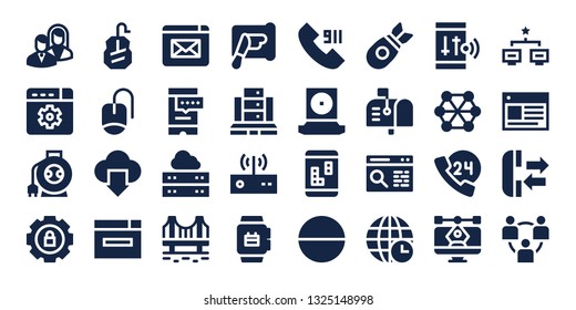connection icon set. 32 filled connection icons. on blue background style Simple modern icons about  - Business, Settings, Wire, Mouse, Cloud computing, Browser, Website, Smartphone