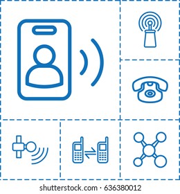Connection icon. set of 6 connection outline icons such as signal, connected phone, call, share