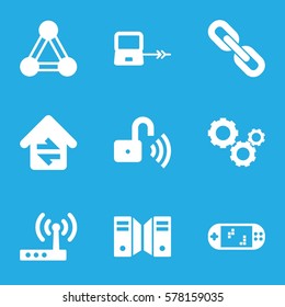 connection icon. Set of 9 connection filled icons such as opened security lock, gear, portable game console, router, chain