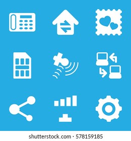 connection icon. Set of 9 connection filled icons such as signal, desk phone, photo with heart, satellite, share, sim card