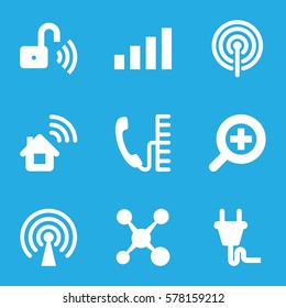 connection icon. Set of 9 connection filled icons such as zoom in, plug, opened security lock, signal, phone, home connection