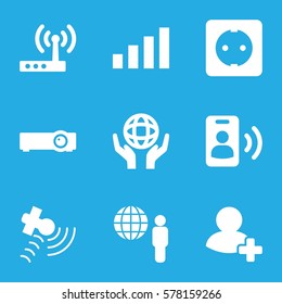 connection icon. Set of 9 connection filled icons such as holding globe, satellite, add friend, plug socket, call, signal, router