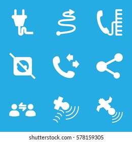 connection icon. Set of 9 connection filled icons such as call, satellite, share, plug, user communicatrion, curved arrow, phone