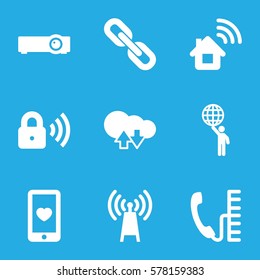connection icon. Set of 9 connection filled icons such as heart mobile, security lock, phone, router, chain, man holding globe, cloud download upload, home connection