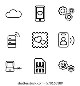 connection icon. Set of 9 connection outline icons such as laptop connection, heart mobile, photo with heart, cloud, sim card, gear, gear    sign symb, server