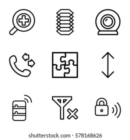 connection icon. Set of 9 connection outline icons such as call, zoom in, security lock, web camera, puzzle, arrow, server, no signal