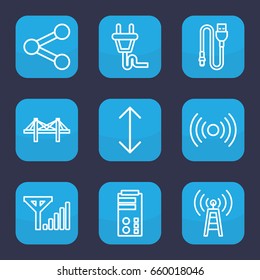 Connection icon. set of 9 outline connection icons such as bridge, wire, plug, arrow, mobile signal, transmitter, server, signal