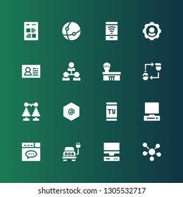 connection icon set. Collection of 16 filled connection icons included Molecule, Computer, Electric, Website, Smartphone, Arroba, Tower, Friendship, Airport, Hierarchical structure