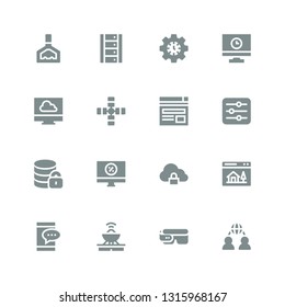 connection icon set. Collection of 16 filled connection icons included Network, Smart glasses, Antenna, Smartphone, Homepage, Cloud storage, Computer, Hosting, Settings, Browser