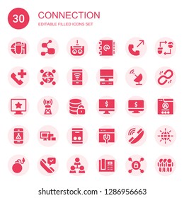 connection icon set. Collection of 30 filled connection icons included Data storage, Molecule, Remote control, Address book, Phone call, Puzzle, Free wifi, Computer, Satellite dish