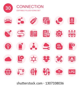 connection icon set. Collection of 30 filled connection icons included Bridge, Molecule, Usb, Computer, Call, Satellite dish, Usb cable, Phone, Watercolor, Setting, Settings, Smartphone