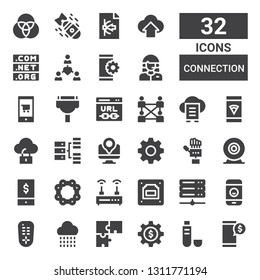 connection icon set. Collection of 32 filled connection icons included Smartphone, Usb, Settings, Puzzle, Cloud, Remote control, Server, Ethernet, Router, Chain, Phone, Webcam