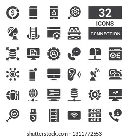 connection icon set. Collection of 32 filled connection icons included Call, Domain, Wifi, Server, Pendrive, Web development, Computer, Emblem, Database, Internet, Data storage