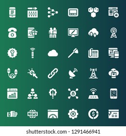 connection icon set. Collection of 36 filled connection icons included Website, Diagram, Settings, Page speed, News, Sensor, Smartphone, Wifi, Vpn, Hierarchical structure, Web design