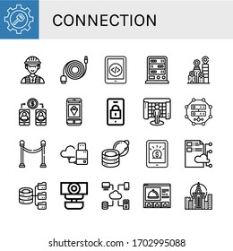 connection icon set. Collection of Gear, Electrician, Data cable, Smartphone, Server, City, Phone, Interactive, Separator, Flash drive, Global server, Cloud, Hosting, Webcam icons