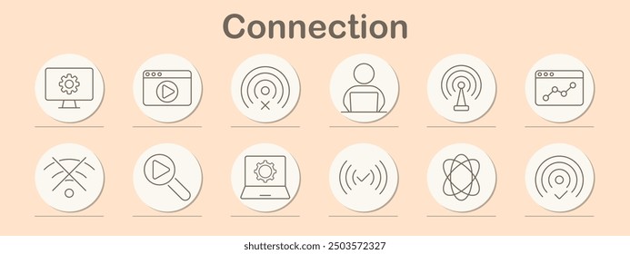 Connection icon set. Desktop settings, play button, Wi-Fi, user, analytics, network, search, router, cloud, tech, connection, digital communication, internet, online services, connectivity, technology