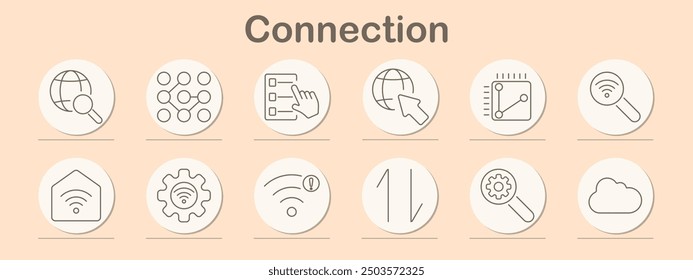 Connection icon set. Globe, network, pointer, graph, Wi-Fi, magnifying glass, smart home, gear, cloud, connectivity, digital communication, internet, online services, technology, connection.