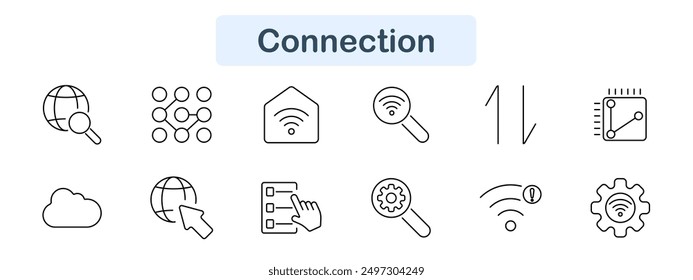 Connection icon set in line art style. Globe, network, Wi-Fi, cloud, click, touchscreen, gear, vector line art