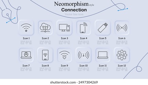 Conjunto de iconos de conexión en estilo neomorfismo. Wi-Fi, red en la nube, computadora de escritorio, señal móvil, USB, sin señal, perfil de usuario, inalámbrico, computadora portátil, equipo, arte de línea de Vector