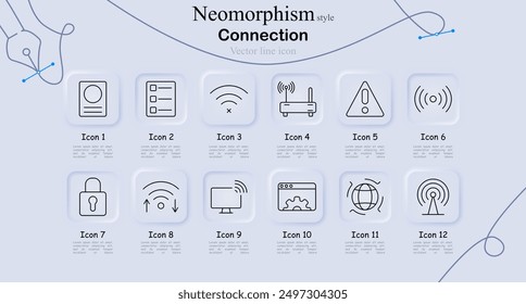 Connection icon set in neomorphism style. ID card, checklist, Wi-Fi off, router, alert, radar, padlock, Wi-Fi signal, monitor, web settings, global connection, vector line art