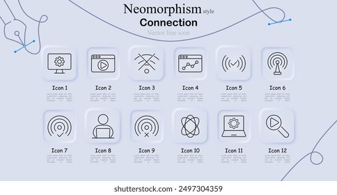 Connection icon set in neomorphism style. Gear on monitor, video player, network, chart, signal, antenna, connectivity, technology, internet, communication, digital, vector, line art, interface
