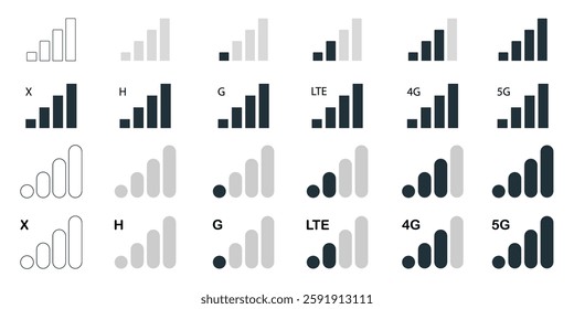 Connection icon set vector. Mobile phone bar icons. Signal strength Icon. Signal strength indicator.