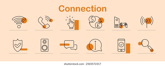 Connection icon set. Wi-Fi, phone call, click, currency exchange, gaming, signal, shield, speakers, speech bubble, information, smartphone, magnifying glass, connectivity