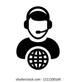 Connection icon vector male customer service person profile symbol with headset for internet network online support in glyph pictogram illustration