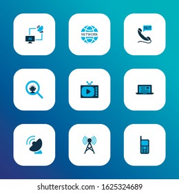 Connection icons colored set with 24/7 access, satellite with computer, communication via laptop and other magnifying elements. Isolated vector illustration connection icons.