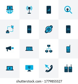 Iconos de conexión coloreados con llamadas, wifi de computadora, red móvil y otros elementos gadget. Iconos de conexión de ilustración vectorial aislados.
