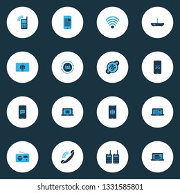 Connection icons colored set with greeting on phone, cellphone, wifi and other tablet communication elements. Isolated vector illustration connection icons.