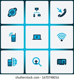 Connection icons colored set with incoming call, female card, 9 pin connector and other wireless connection elements. Isolated vector illustration connection icons.