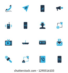 Connection icons colored set with love letter, audio adjustment, router and other megaphone elements. Isolated vector illustration connection icons.